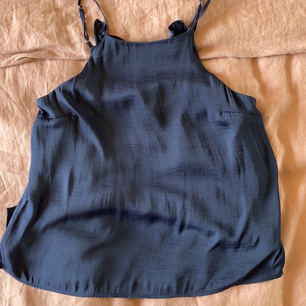 1. STATE Navy satin ruffle back cami